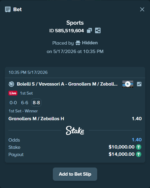 Bet slip: Bolelli S / Vavassori A - Granollers M / Zeballos H, $10,000.00 stake at 1.40 odds, placed by Hidden