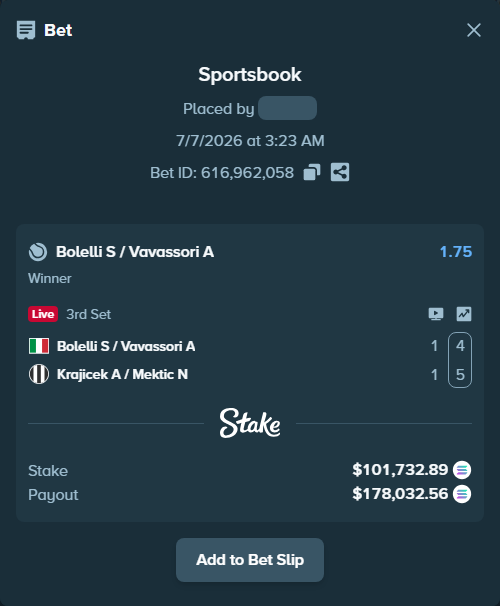 Bet slip: Bolelli S / Vavassori A - Krajicek A / Mektic N, $102,382.49 stake at 1.75 odds, placed by Prettylfacko98