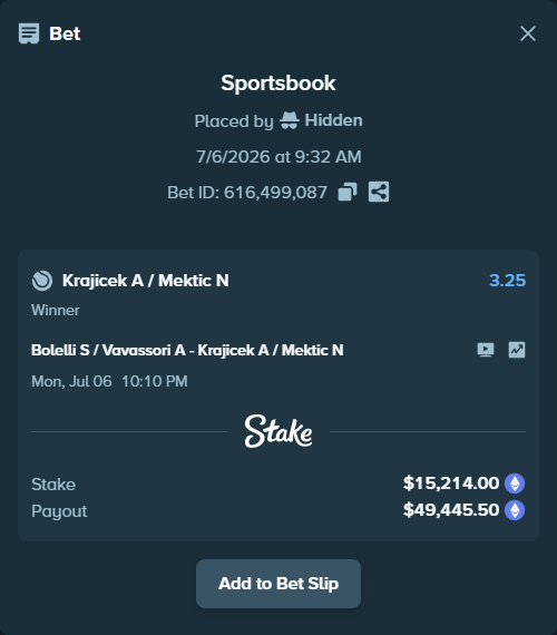 Bet slip: Bolelli S / Vavassori A - Krajicek A / Mektic N, $15,460.29 stake at 3.25 odds, placed by Hidden