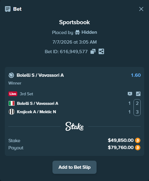 Bet slip: Bolelli S / Vavassori A - Krajicek A / Mektic N, $50,239.48 stake at 1.60 odds, placed by Hidden
