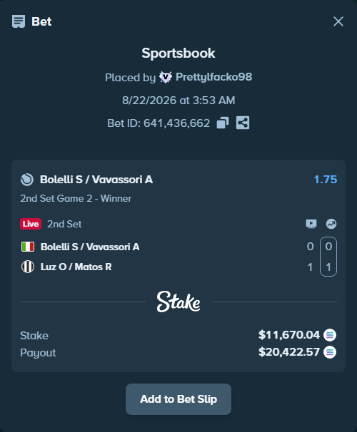 Bet slip: Bolelli S / Vavassori A - Luz O / Matos R, $11,983.01 stake at 1.75 odds, placed by Prettylfacko98