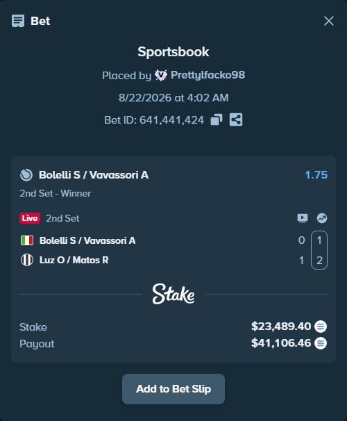 Bet slip: Bolelli S / Vavassori A - Luz O / Matos R, $23,243.61 stake at 1.75 odds, placed by Prettylfacko98