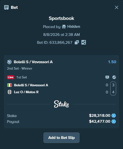 Bet slip: Bolelli S / Vavassori A - Luz O / Matos R, $28,318.00 stake at 1.50 odds, placed by Hidden