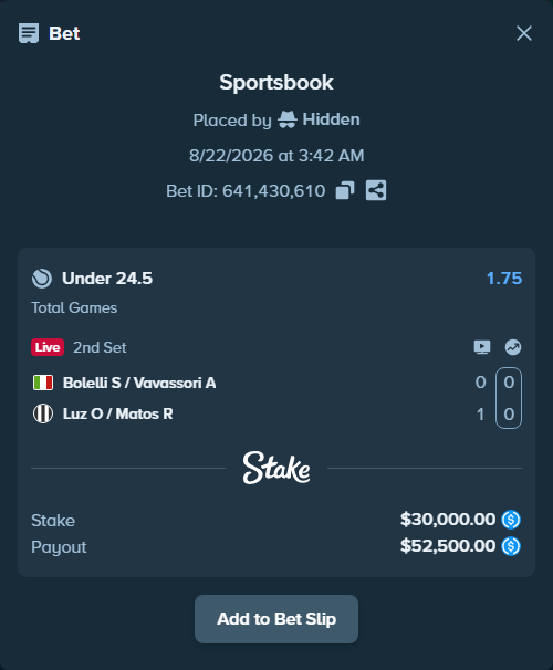 Bet slip: Bolelli S / Vavassori A - Luz O / Matos R, $30,000.00 stake at 1.75 odds, placed by Hidden