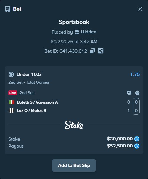 Bet slip: Bolelli S / Vavassori A - Luz O / Matos R, $30,000.00 stake at 1.75 odds, placed by Hidden
