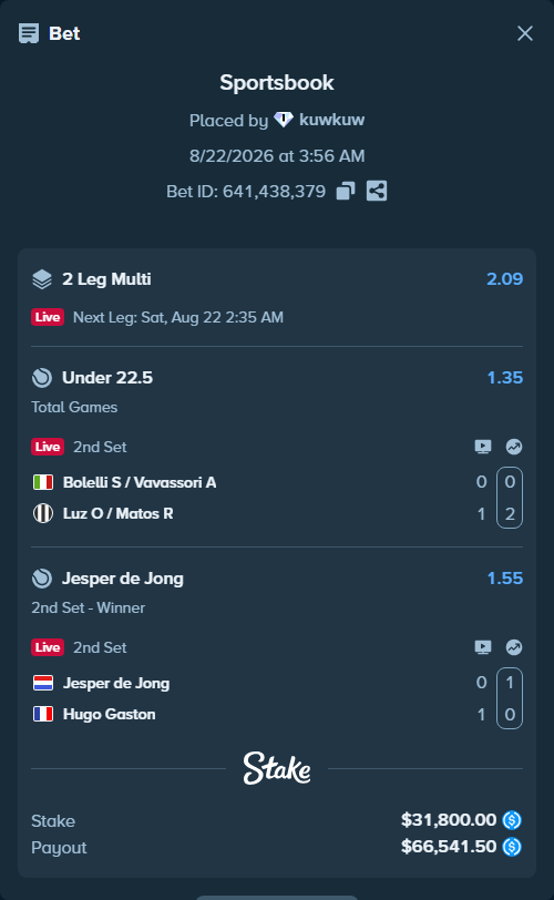 Bet slip: Bolelli S / Vavassori A - Luz O / Matos R, $31,800.00 stake at 1.35 odds, placed by kuwkuw