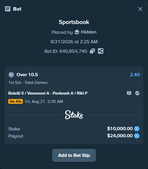 Bet slip: Bolelli S / Vavassori A - Pavlasek A / Rikl P, $10,000.00 stake at 2.40 odds, placed by Hidden