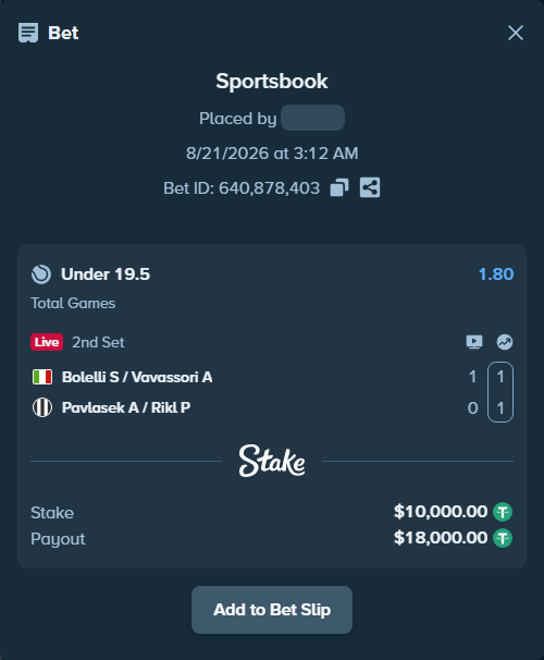 Bet slip: Bolelli S / Vavassori A - Pavlasek A / Rikl P, $10,000.00 stake at 1.80 odds, placed by privetmedvet15