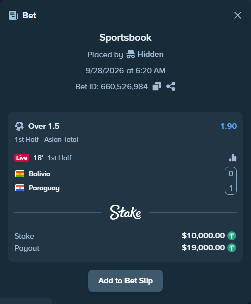 Bet slip: Bolivia - Paraguay, $10,000.00 stake at 1.90 odds, placed by Hidden