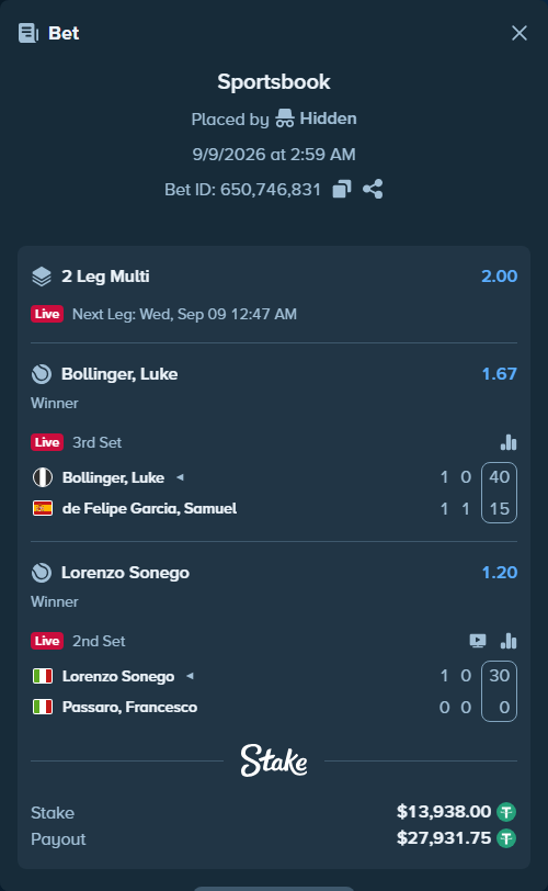 Bet slip: Bollinger, Luke - de Felipe Garcia, Samuel, $13,938.00 stake at 1.67 odds, placed by Hidden
