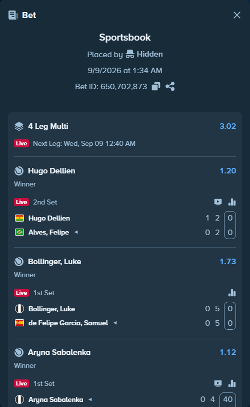 Bet slip: Bollinger, Luke - de Felipe Garcia, Samuel, $31,686.00 stake at 1.73 odds, placed by Hidden
