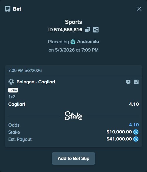 Bet slip: Bologna - Cagliari, $10,000.00 stake at 4.10 odds, placed by Andremila