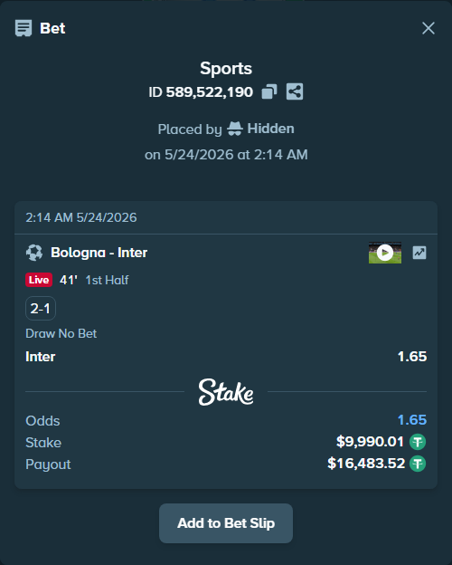 Bet slip: Bologna - Inter, $10,000.00 stake at 1.65 odds, placed by Hidden