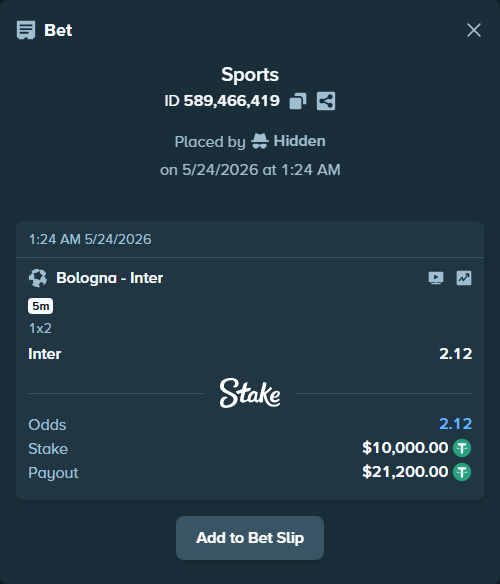 Bet slip: Bologna - Inter, $10,010.00 stake at 2.12 odds, placed by Hidden