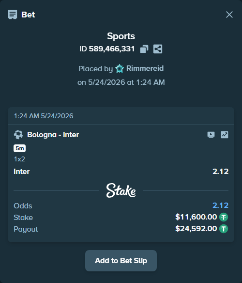 Bet slip: Bologna - Inter, $11,611.60 stake at 2.12 odds, placed by Rimmereid