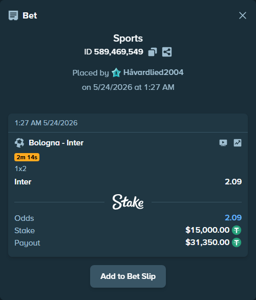 Bet slip: Bologna - Inter, $15,015.00 stake at 2.09 odds, placed by Håvardlied2004