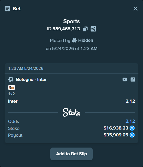 Bet slip: Bologna - Inter, $16,938.23 stake at 2.12 odds, placed by Hidden