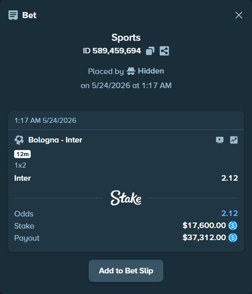 Bet slip: Bologna - Inter, $17,600.00 stake at 2.12 odds, placed by Hidden