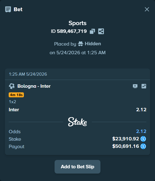 Bet slip: Bologna - Inter, $23,910.92 stake at 2.12 odds, placed by Hidden