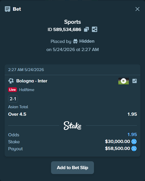Bet slip: Bologna - Inter, $30,000.00 stake at 1.95 odds, placed by Hidden