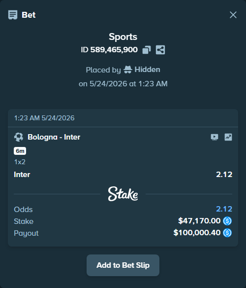 Bet slip: Bologna - Inter, $47,170.00 stake at 2.12 odds, placed by Hidden