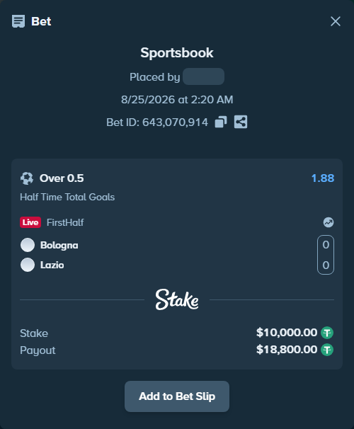 Bet slip: Bologna - Lazio, $10,000.00 stake at 1.88 odds, placed by tlwns4736