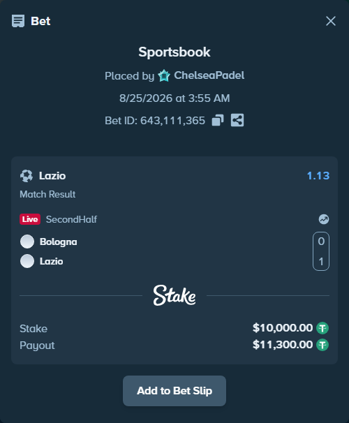 Bet slip: Bologna - Lazio, $10,000.00 stake at 1.13 odds, placed by ChelseaPadel