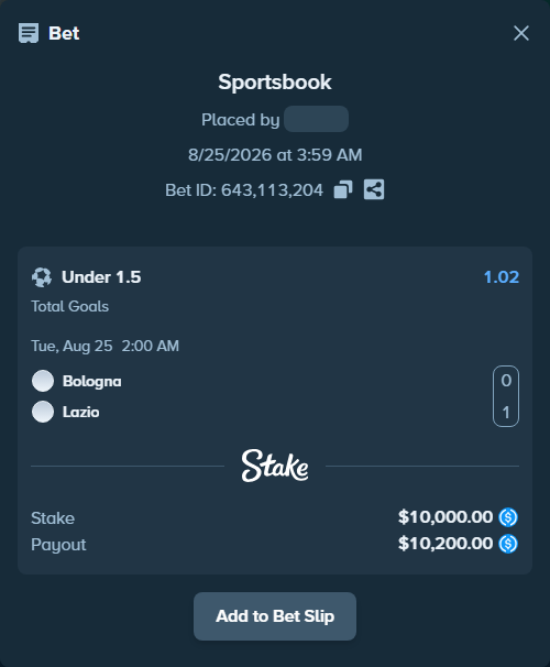 Bet slip: Bologna - Lazio, $10,000.00 stake at 1.02 odds, placed by Ugresset