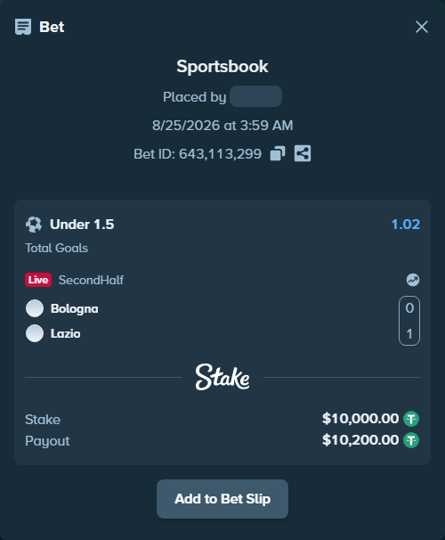 Bet slip: Bologna - Lazio, $10,000.00 stake at 1.02 odds, placed by soloy