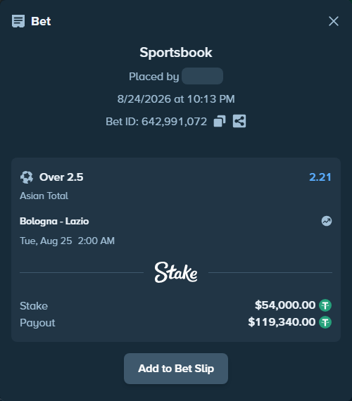 Bet slip: Bologna - Lazio, $54,000.00 stake at 2.21 odds, placed by artur58500