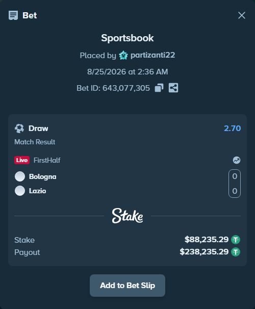 Bet slip: Bologna - Lazio, $88,235.29 stake at 2.70 odds, placed by partizanti22