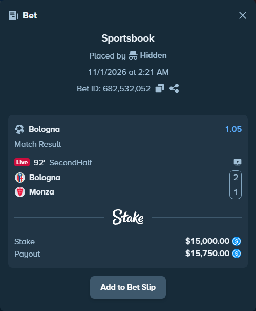 Bet slip: Bologna - Monza, $15,000.00 stake at 1.05 odds, placed by andersmoerken