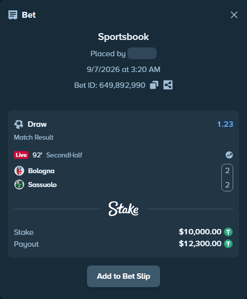 Bet slip: Bologna - Sassuolo, $10,000.00 stake at 1.23 odds, placed by bwullf75