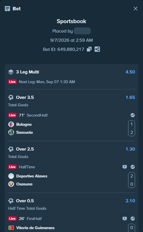Bet slip: Bologna - Sassuolo, $12,485.05 stake at 1.65 odds, placed by seketh