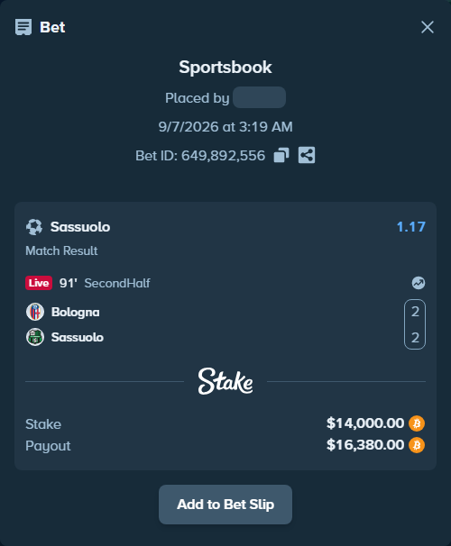 Bet slip: Bologna - Sassuolo, $14,020.75 stake at 1.17 odds, placed by Tonyj69