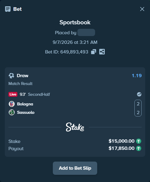 Bet slip: Bologna - Sassuolo, $15,000.00 stake at 1.19 odds, placed by petterblom