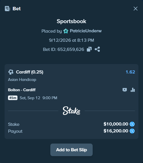 Bet slip: Bolton - Cardiff, $10,000.00 stake at 1.62 odds, placed by PatriciaUnderw