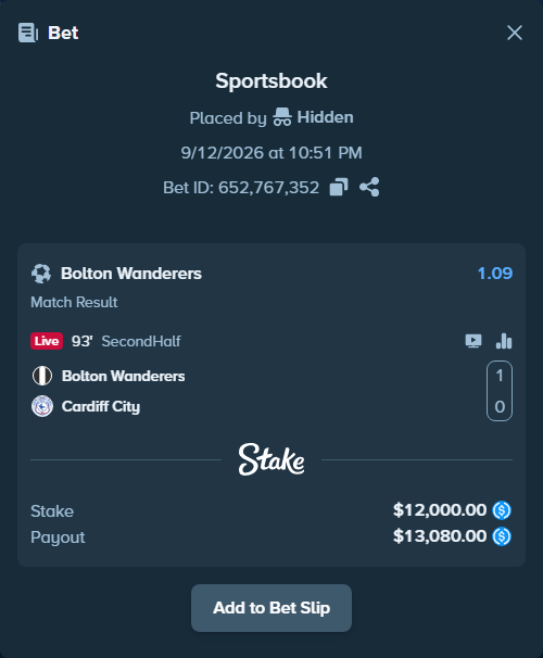 Bet slip: Bolton - Cardiff, $12,000.00 stake at 1.09 odds, placed by Hidden