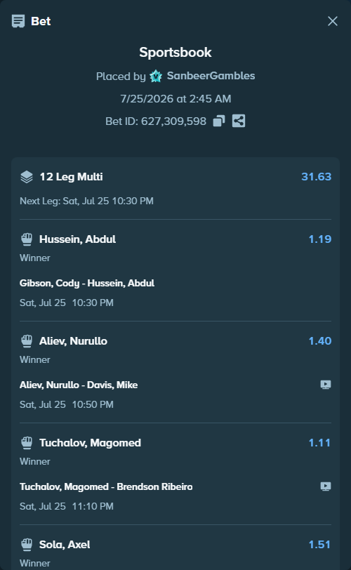 Bet slip: Bonfim, Ismael - Sola, Axel, $10,032.92 stake at 1.51 odds, placed by SanbeerGambles