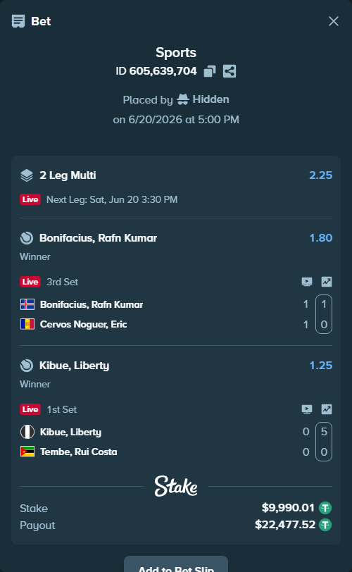 Bet slip: Bonifacius, Rafn Kumar - Cervos Noguer, Eric, $10,000.00 stake at 1.80 odds, placed by Hidden