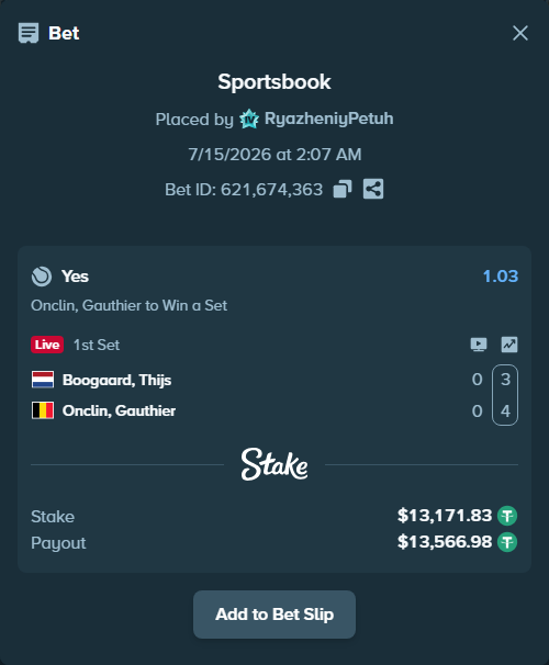 Bet slip: Boogaard, Thijs - Onclin, Gauthier, $13,185.00 stake at 1.03 odds, placed by RyazheniyPetuh