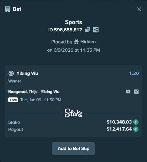 Bet slip: Boogaard, Thijs - Yibing Wu, $10,358.38 stake at 1.20 odds, placed by Hidden