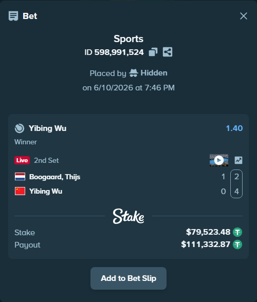 Bet slip: Boogaard, Thijs - Yibing Wu, $79,603.00 stake at 1.40 odds, placed by Hidden