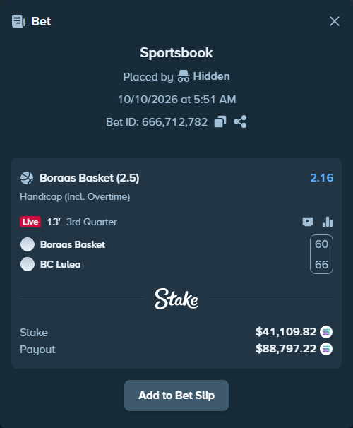 Bet slip: Boraas Basket - BC Lulea, $40,795.79 stake at 2.16 odds, placed by Prettylfacko98