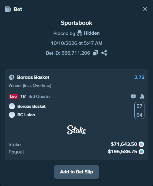 Bet slip: Boraas Basket - BC Lulea, $71,096.23 stake at 2.73 odds, placed by Prettylfacko98