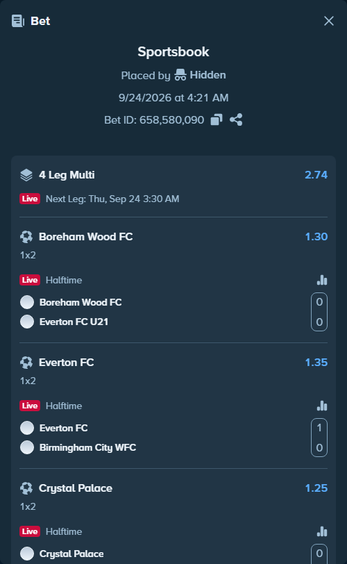 Bet slip: Boreham Wood FC - Everton FC U21, $40,785.00 stake at 1.30 odds, placed by Hidden