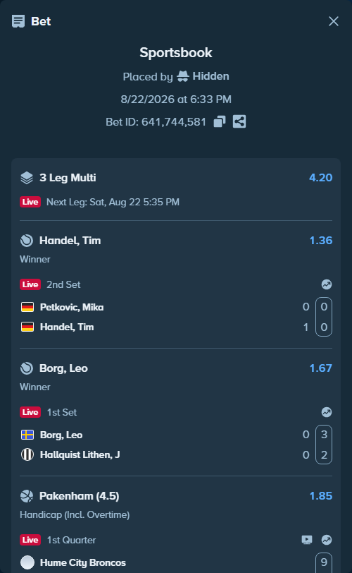 Bet slip: Borg, Leo - Hallquist Lithen, J, $10,000.00 stake at 1.67 odds, placed by Hidden