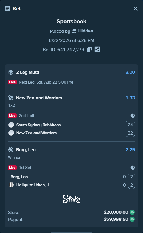 Bet slip: Borg, Leo - Hallquist Lithen, J, $20,000.00 stake at 2.25 odds, placed by Hidden