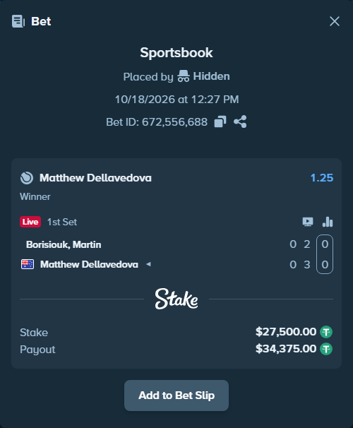 Bet slip: Borisiouk, Martin - Matthew Dellavedova, $27,527.50 stake at 1.25 odds, placed by Hidden