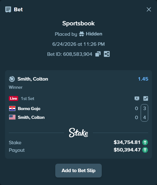 Bet slip: Borna Gojo - Colton Smith, $34,789.56 stake at 1.45 odds, placed by Hidden